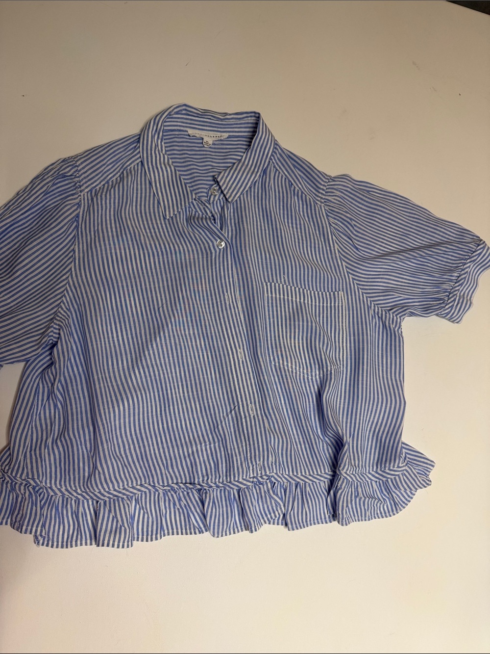 Jane and Delancey Blue and White Striped Ruffle Hem Button-Down Shirt
